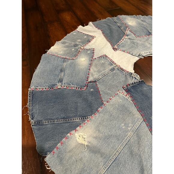 Recycled Denim Embroidered Hand Made Tree Skirt Jeans Blue Red Star Accents - Picture 10 of 10